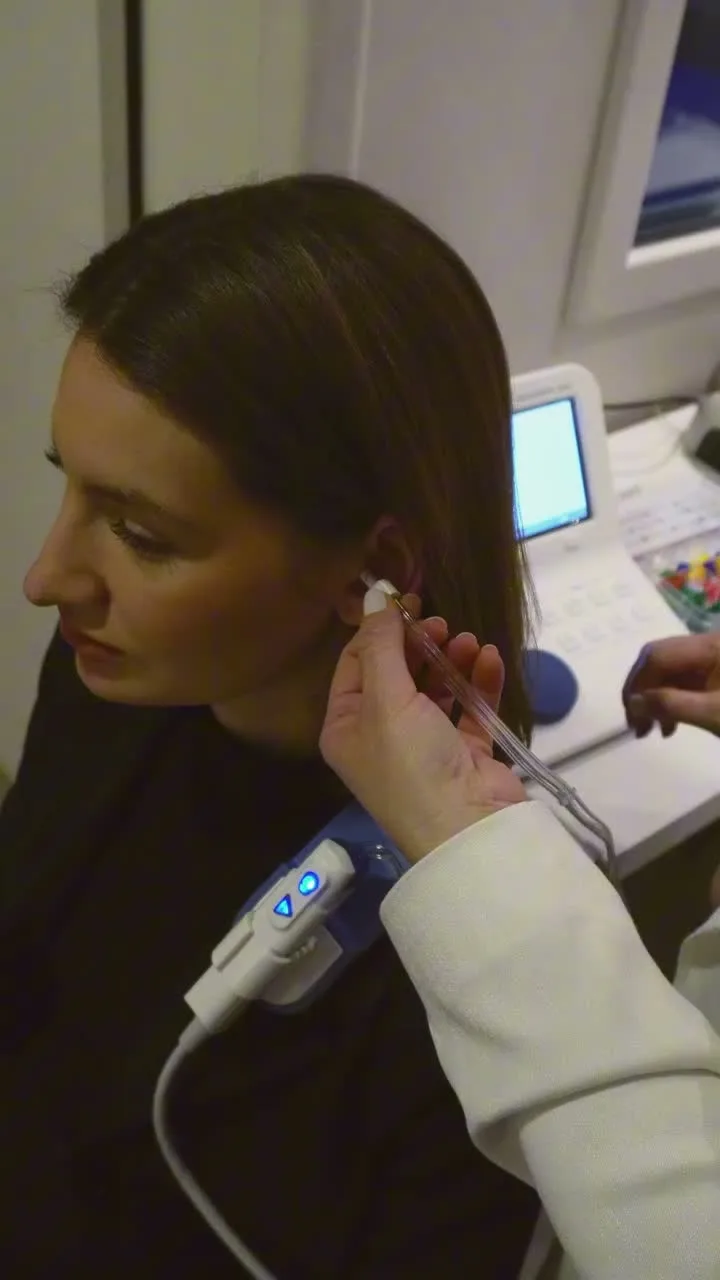 Exame de audiometria feito na Amesons, com equipamento profissional